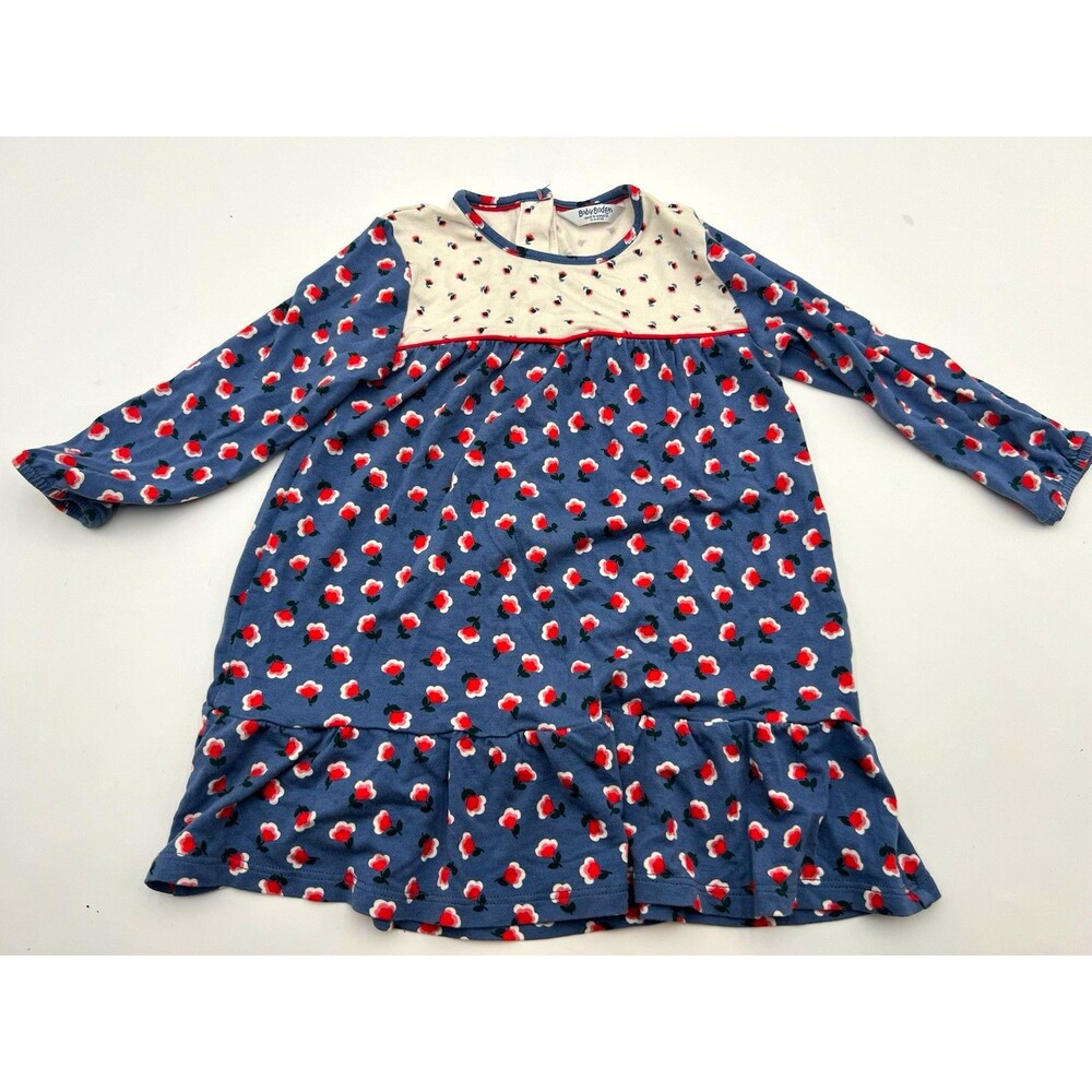 Baby Boden Girls 12-18M Blue White Floral viscose Dress Long Sleeve A-Line